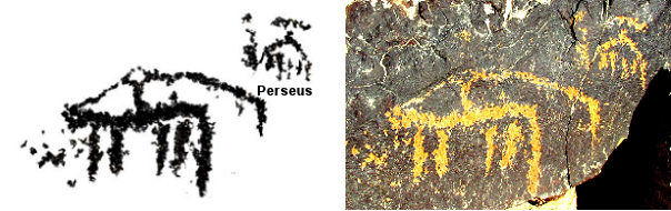 Rock art depicting a comet as a curved spear beside the constellation Perseus