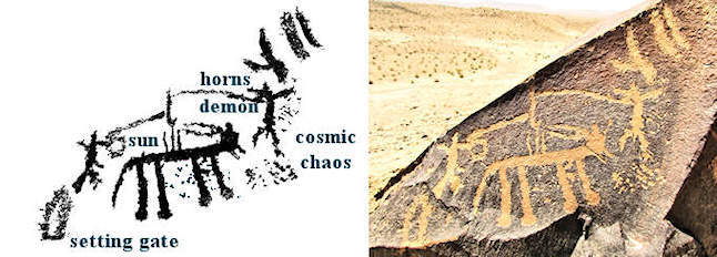 A horned demon holds the sun captive at the setting gate